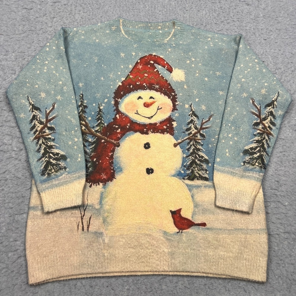 YesNo Sweater Women's XL Snowman Wool Christmas Winter Cottage Holiday Knit Crew